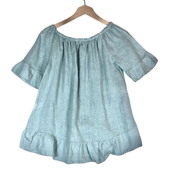Terzo Millennio Italy Muted Seafoam Linen Ruffle Top Size Small Boho Peasant - Picture 3 of 7